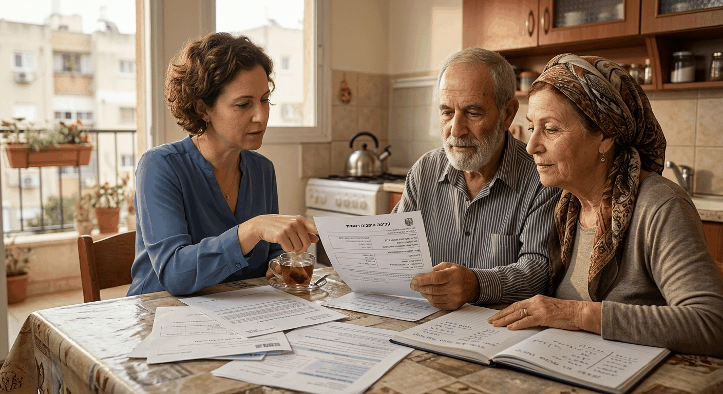 יועצת מס ישראלית מציגה לזוג פנסיונרים מסמכי תיקון 190 על השולחן עם התיעוד המלא של הטבות המס על חיסכון פנסיוני.