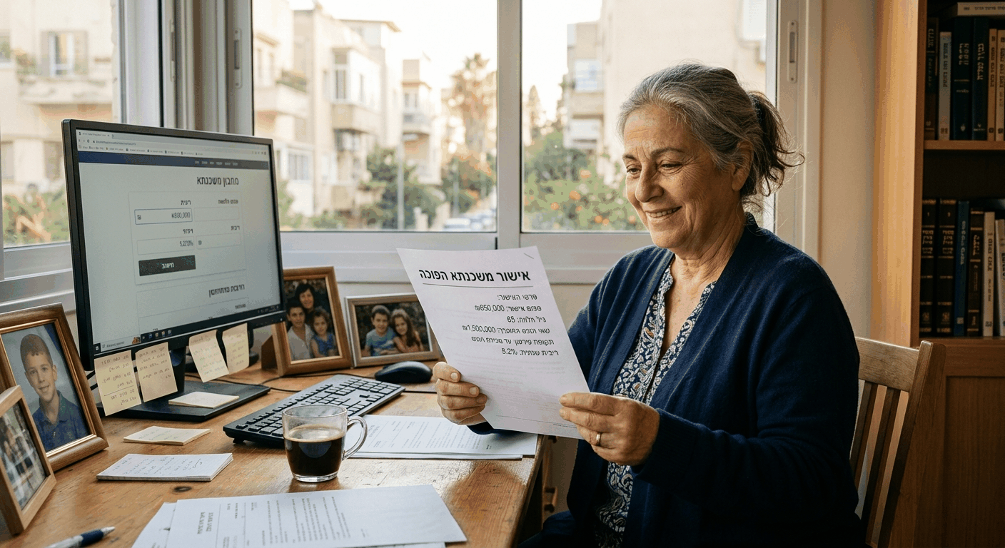 אישה בת 65 יושבת בביתה עם מסמך אישור משכנתא הפוכה, חיוכה משמחה בעזרה מאנשים לפנסיונרים המחפשים משכנתא הפוכה
