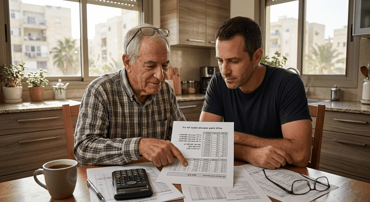 גבר פנסיונר בן 72 וובנו בוחנים טבלת חישוב משכנתא הפוכה לגמלאים עם סכומי הלוואות בגילים שונים