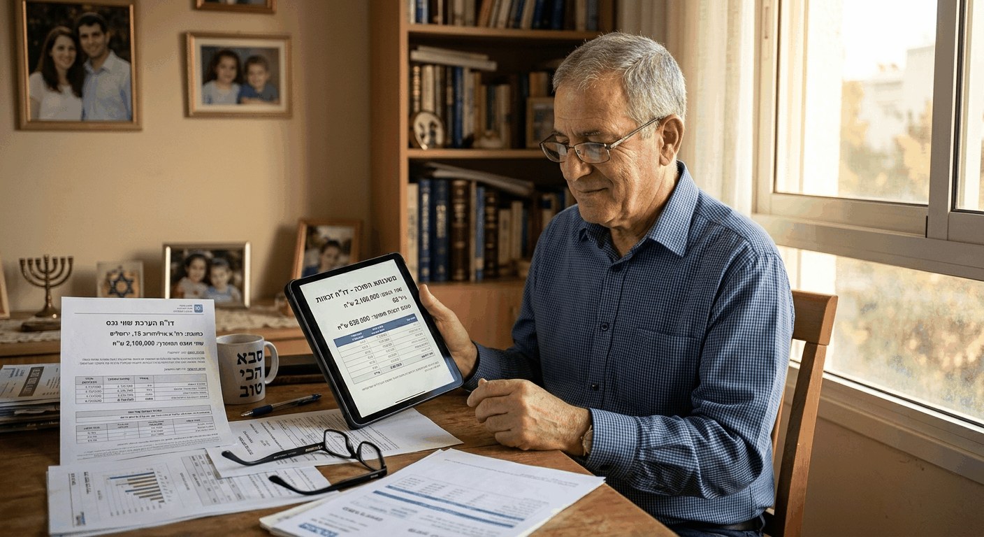 פנסיונר ישראלי בגיל 65 בודק דו״ח זכאות למשכנתא הפוכה על טבלט ליד שולחן הבית, עם מסמכי הערכת דירה מודפסים על השולחן