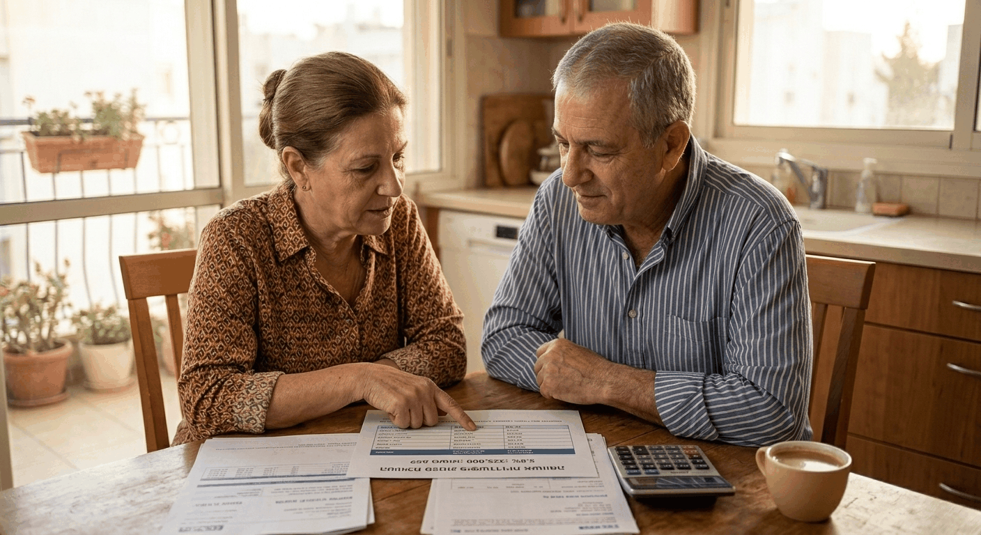 זוג פנסיונרים ישראלים משוחחים על משכנתא הפוכה לפנסיונרים ובודקים טבלת השוואה של אפשרויות פיננסיות בישראל