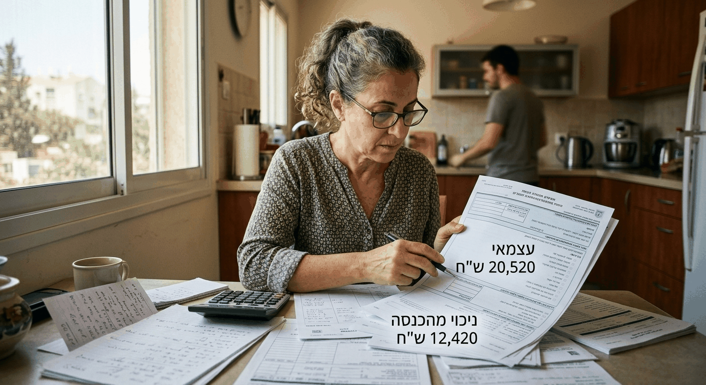 עצמאית בישראל מתכננת את מקסימום הפקדת קרן השתלמות שלה עם טפסים מס על שולחן המטבח