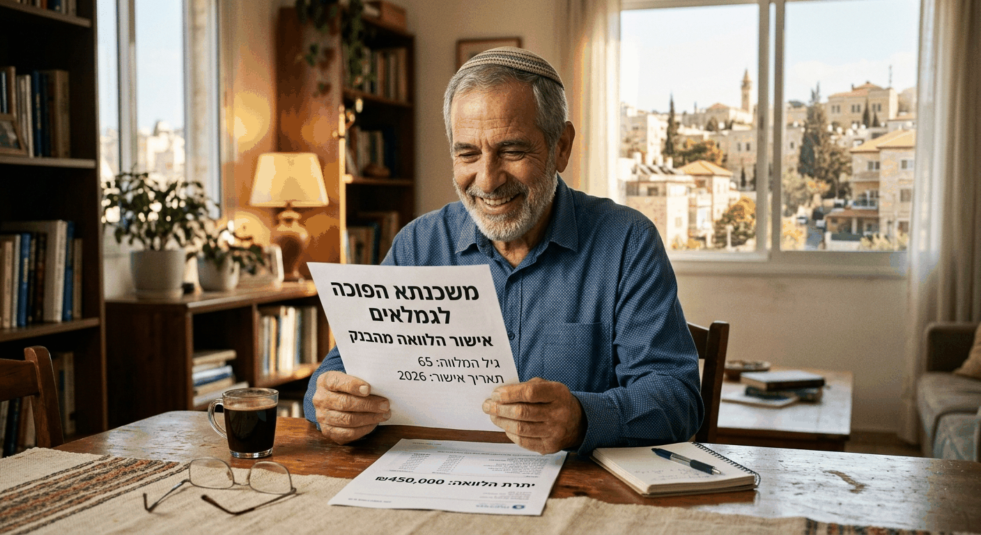 גמלאי בן 65 יושב בסלון ישראלי בהר אור טבעי, מחזיק בעיד אישור משכנתא הפוכה, מחייך בסיפוק אל אישור הלוואה לגמלאים