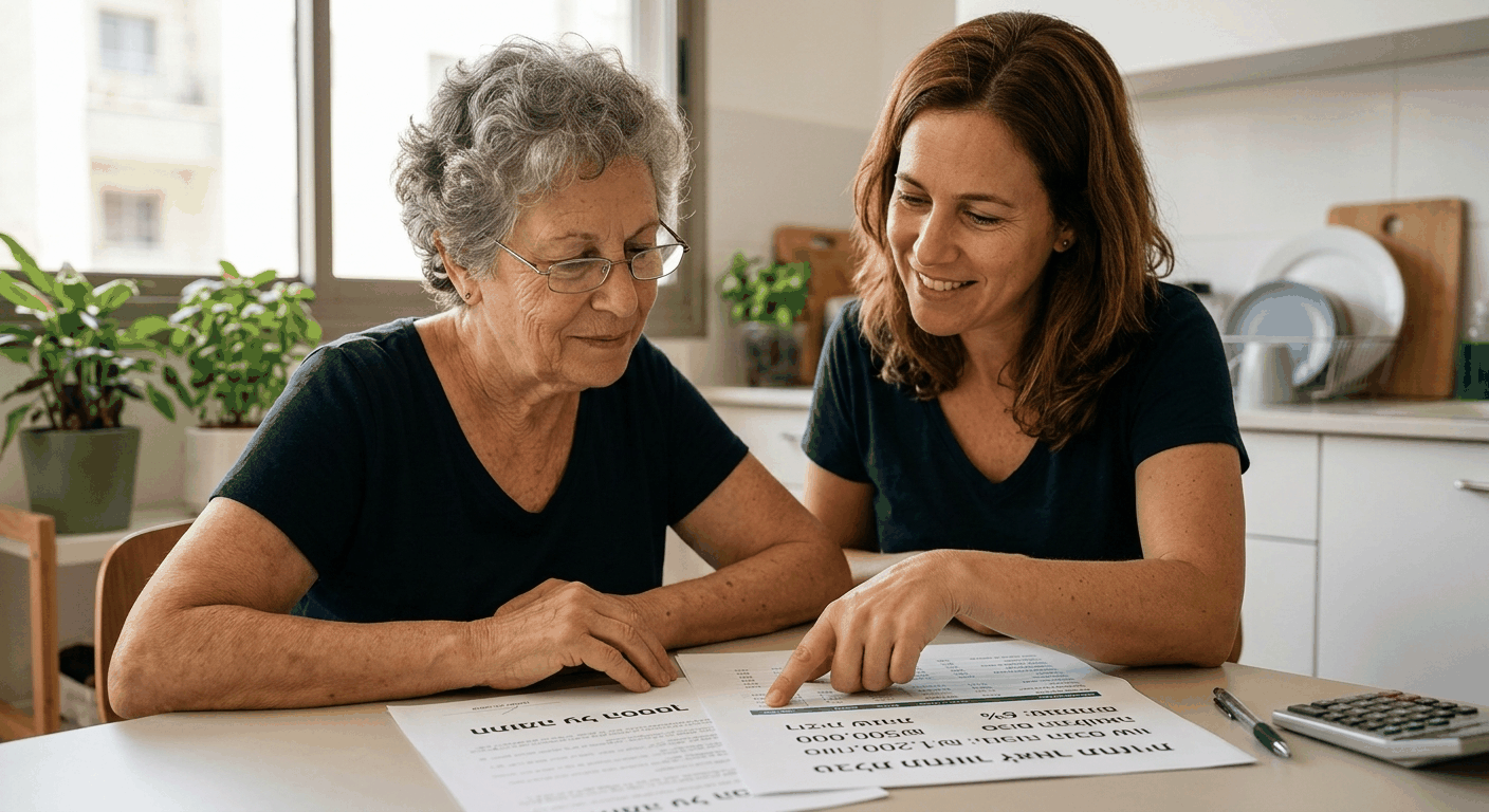 אם גמלאית בת 68 וביתה בוחנות יחד טבלת תחזויות משכנתא הפוכה לגמלאים ליד שולחן מטבח בדירה תל אביבית
