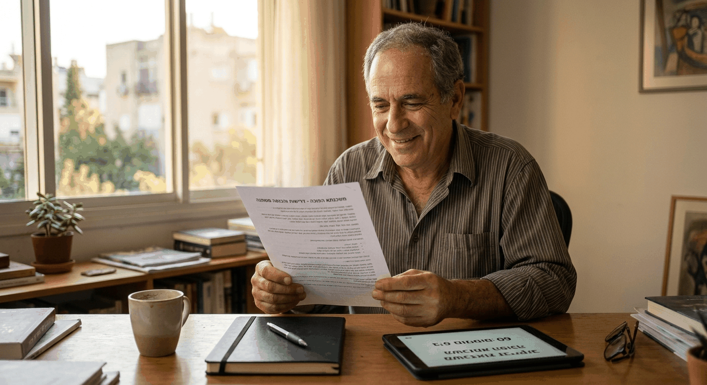 גבר בן 62 יושב בבית שלו עם מסמך משכנתא הפוכה דרישות, מחזיק מסמכים ותוך כדי בדיקת אפשרויות הלוואה על נכס.