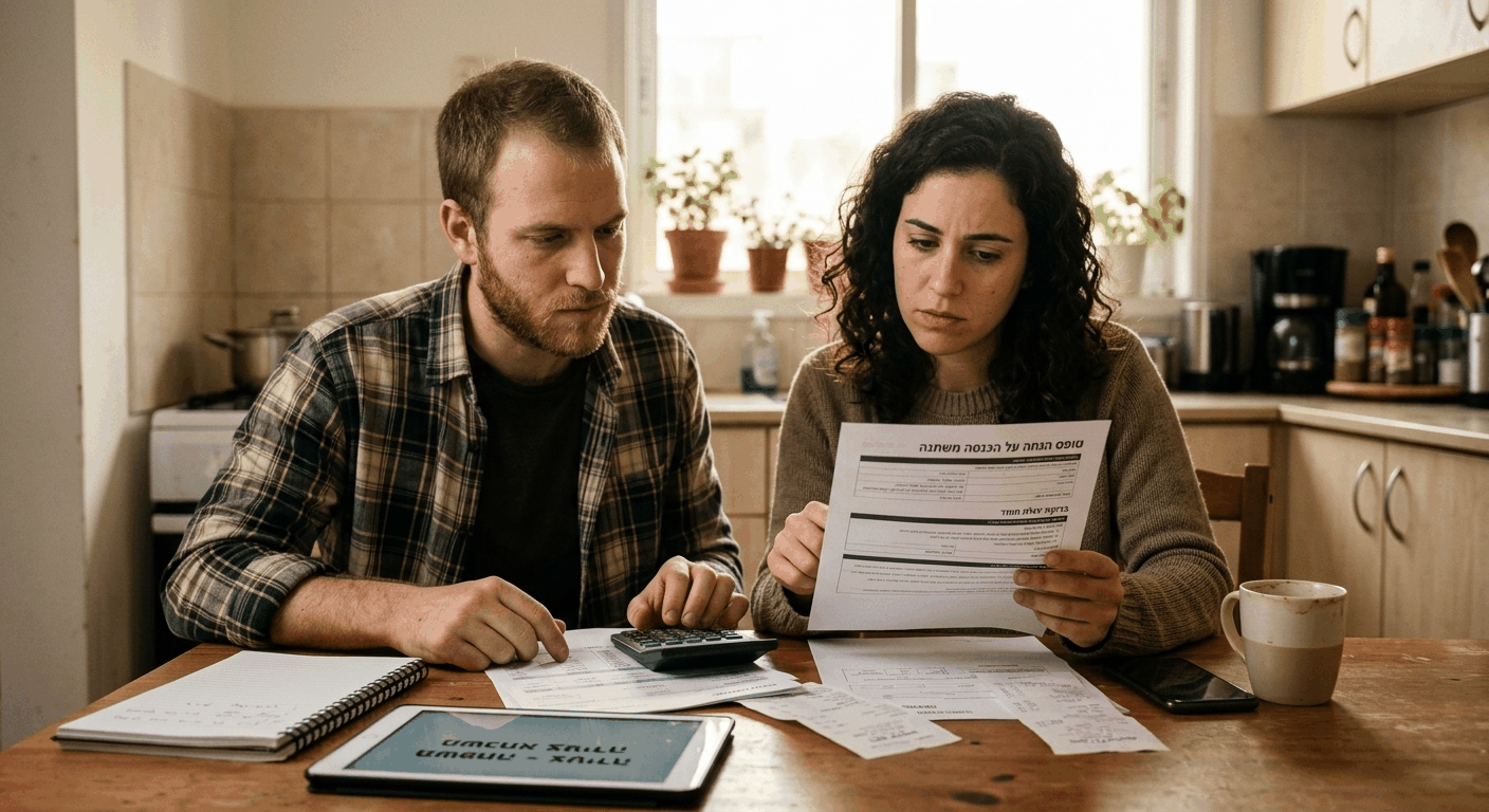זוג צעיר בישראל במטבח עם מסמכי משכנתא הפוכה דרישות, בוחנים אפשרויות הלוואה עם הכנסה משתנה וחודשי מילואים.