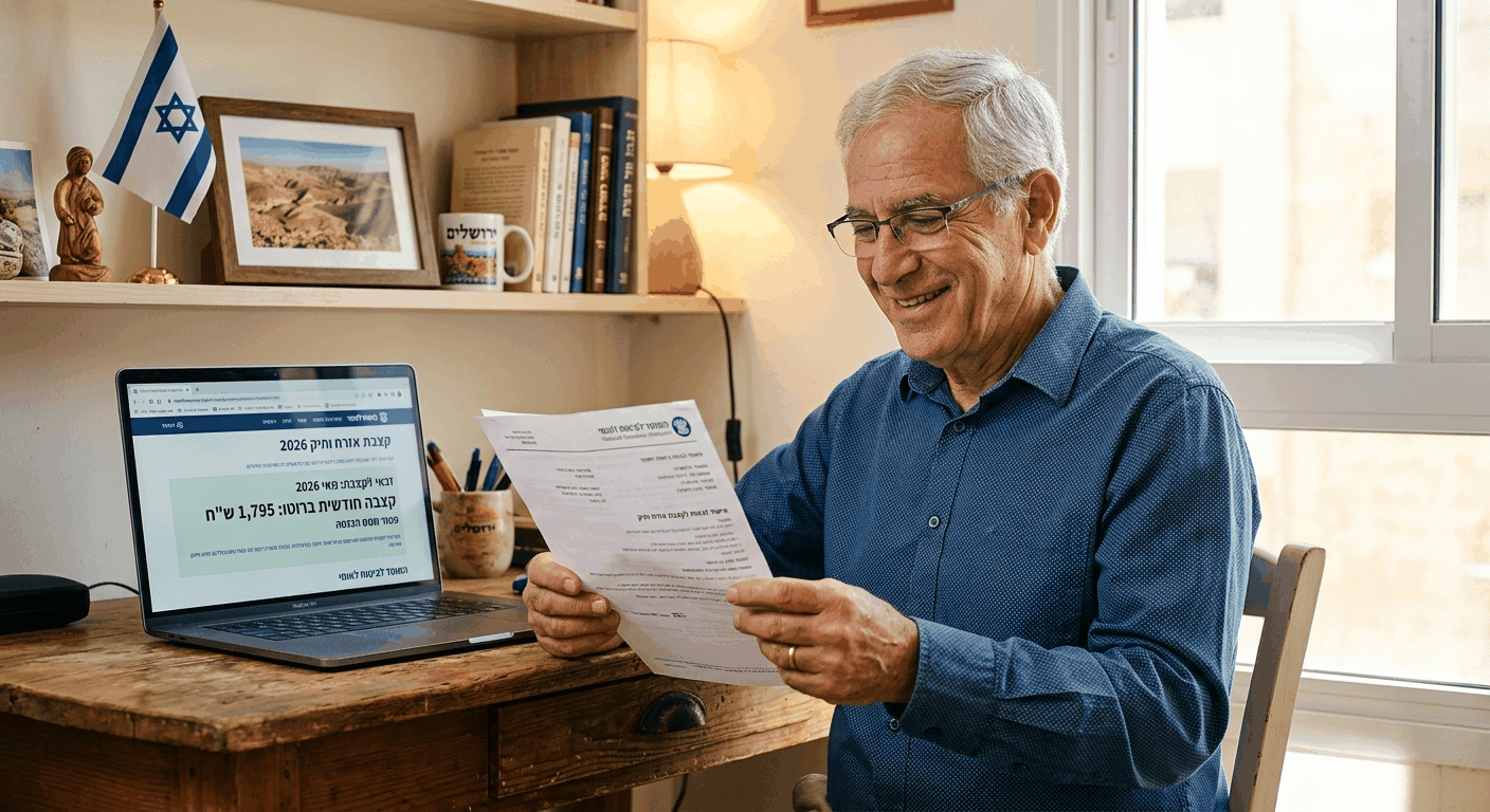 גבר ותיק ישראלי קורא בשמחה מסמך קצבת אזרח ותיק מהמוסד לביטוח לאומי, מול מסך לפטופ המציג נתונים על הקצבה.