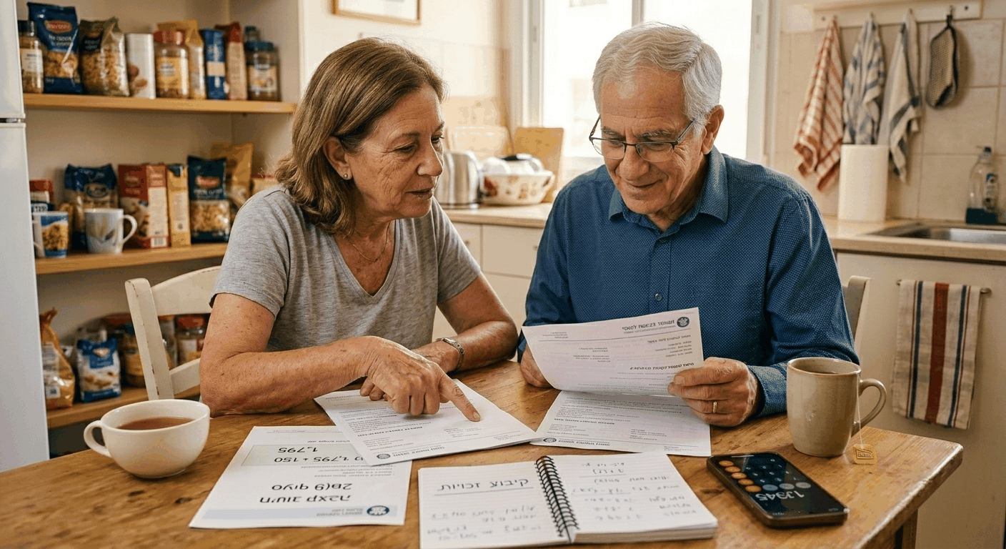 אישה ישראלית בוחנת מסמכי קצבה ותיק של אביה הפנסיונר סביב שולחן המטבח, מדברות על זכויות וחישובים.