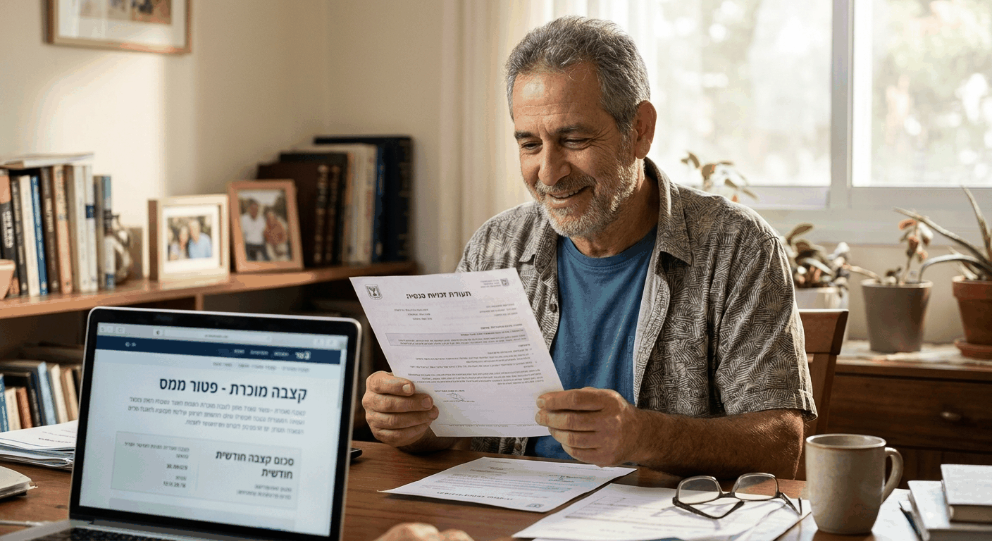 פנסיונר ישראלי בוחן בשמחה את הקצבה המוכרת שלו, המפטורה לחלוטין ממס הכנסה