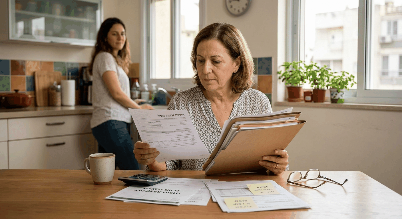 אישה בן 60 בישראל בודקת את מסמכי הקצבה המוכרת שלה בשולחן המטבח, מעריכה חיסכון מס משמעותי