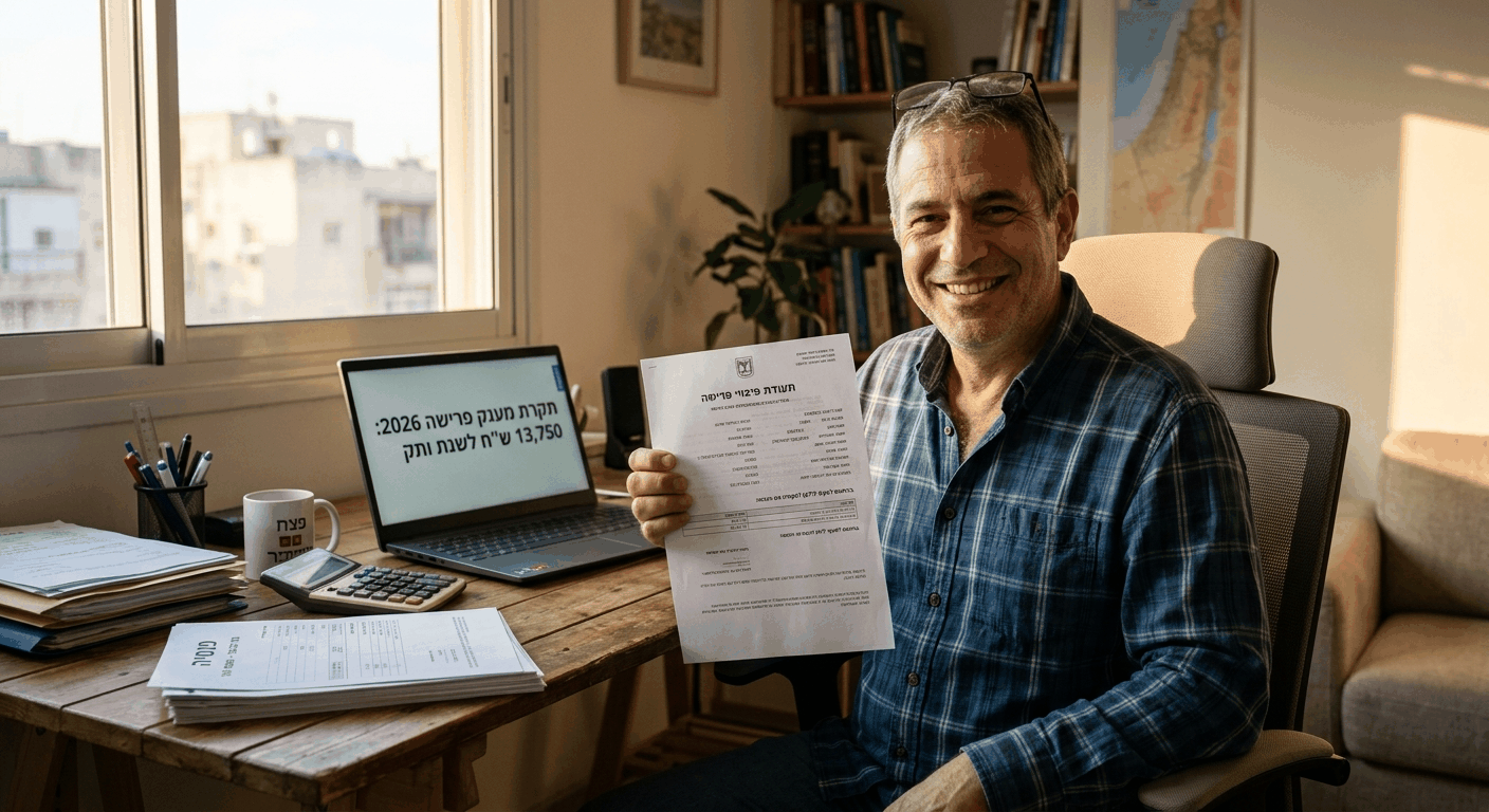 גבר ישראלי בן 55 בעיר מקבל תעודת פיצויי פרישה עם דגש על תקרת מענק פרישה 2026 המוצגת במסך הלפטופ שלו