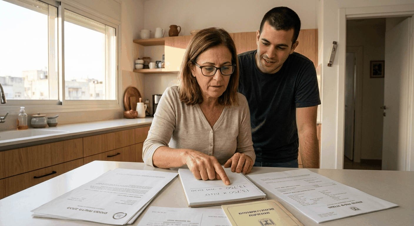 אישה ישראלית מחשבת את תקרת מענק פרישה שלה בעזרת בן משפחה על שולחן המטבח עם מסמכים רשמיים
