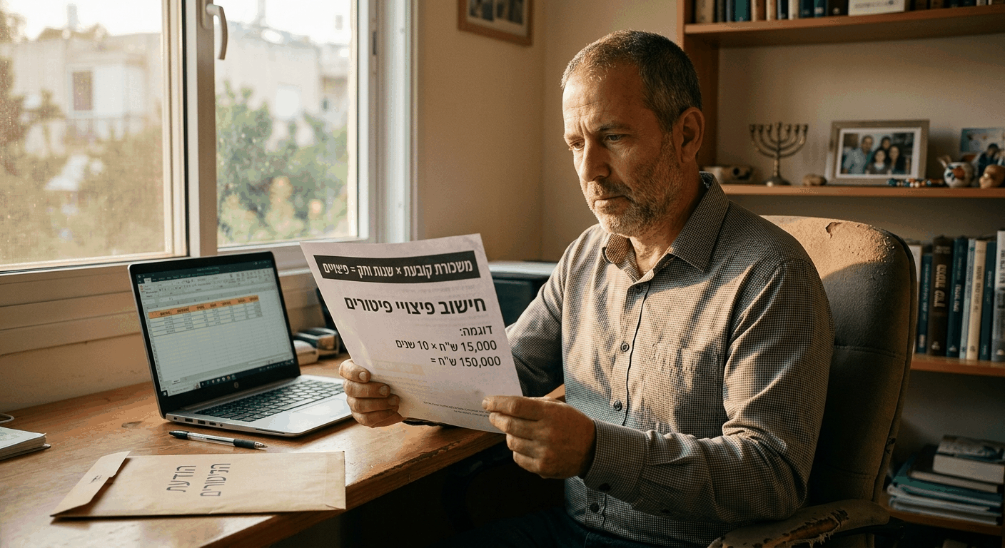 גבר ישראלי בעבודה מחשב פיצויי פיטורים לפי הנוסחה המדויקת על שולחן הבית