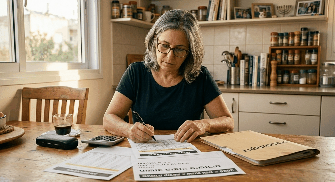 אישה ישראלית מחשבת פיצויי פיטורים לפי טבלאות מדויקות בשולחן המטבח