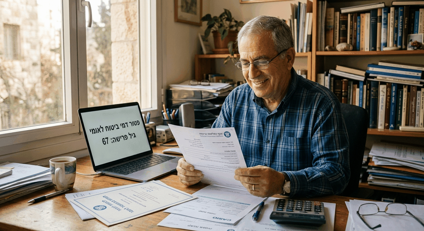 פנסיונר ישראלי בן 67 משוחרר מדמי ביטוח לאומי, מחזיק בתעודת פטור רשמית ליד שולחן עבודה עם מסמכים