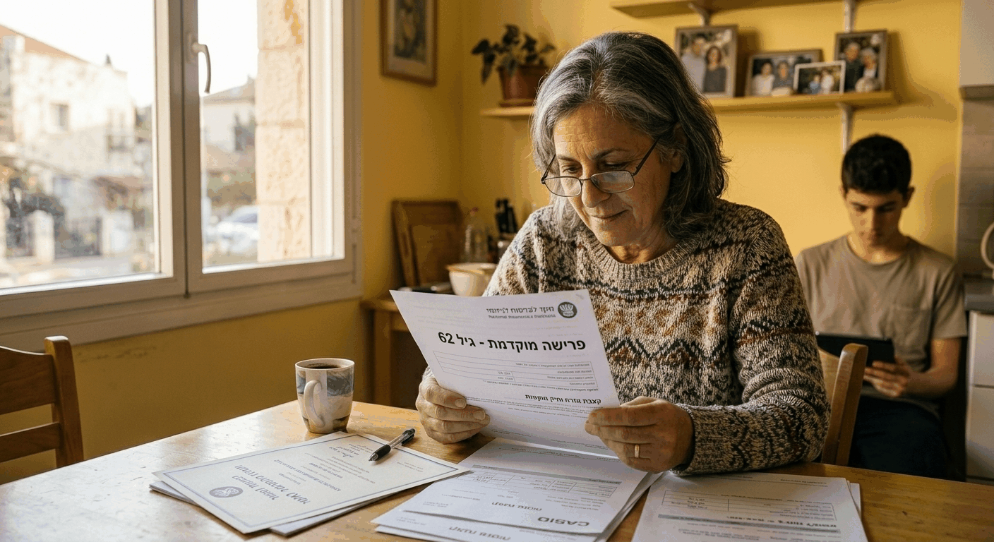 אישה ישראלית בת 62 קוראת מכתב פרישה מוקדמת עם פטור דמי ביטוח לאומי ליד שולחן המטבח