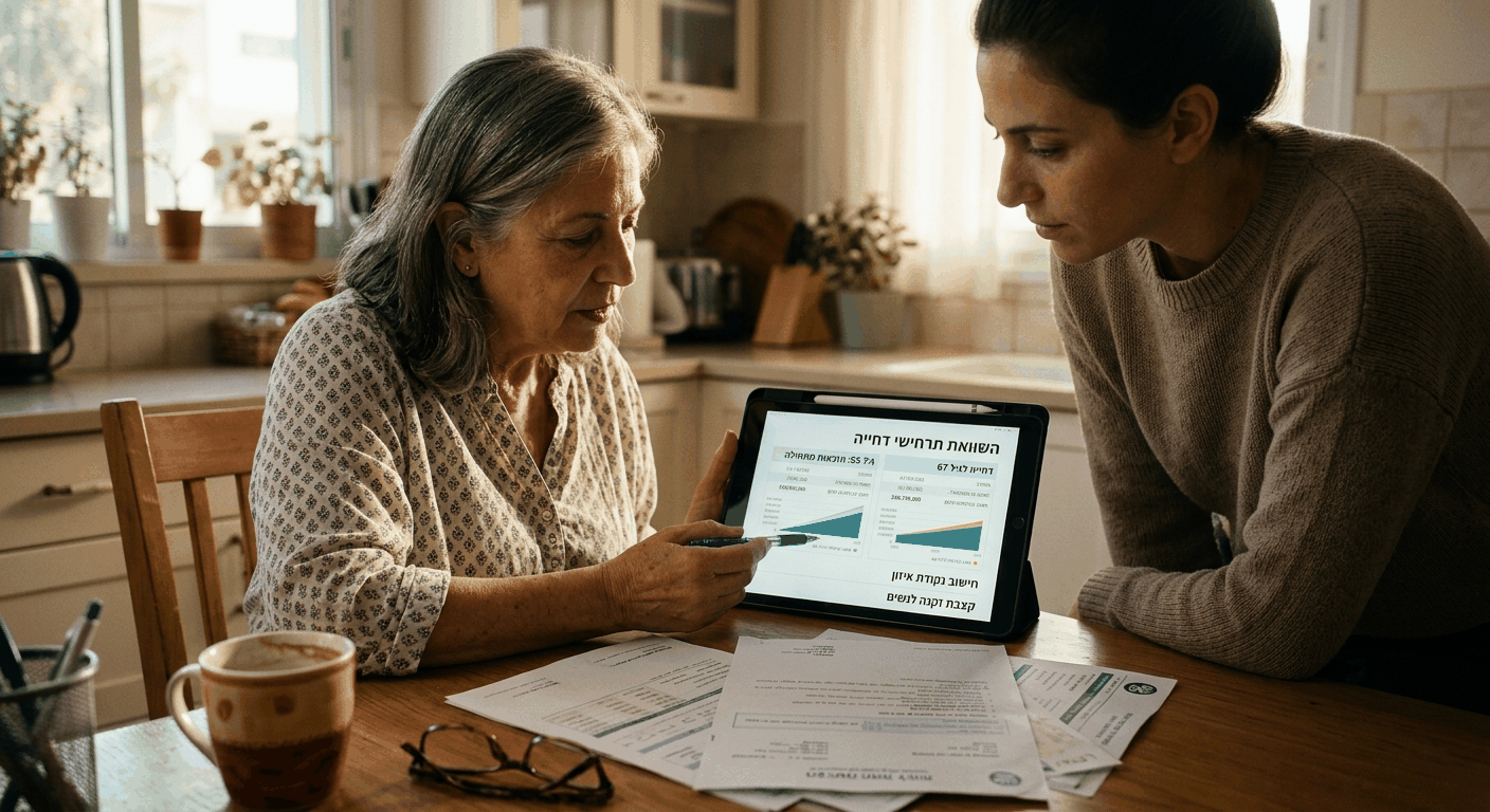 אישה בת 65 במטבחה בישראל בוחנת טבלאות השוואה לדחיית קצבת זקנה עם בתה, על רקע מסמכי ביטוח לאומי.