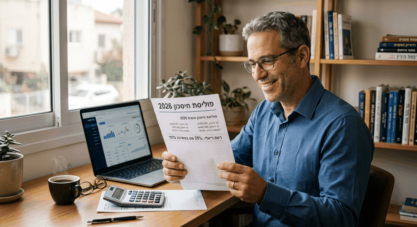 גבר ישראלי בגיל אמצע מחזיק פוליסת חיסכון בעיתון ביתו, מחייך בשמחה לגילוי היתרונות הפיננסיים