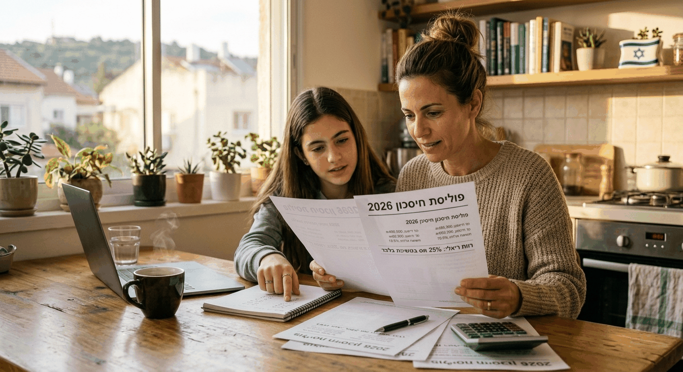 אישה ישראלית בשולחן המטבח בוחנת פוליסת חיסכון עם מסמכים, מחשבת את יתרונות דחיית המס