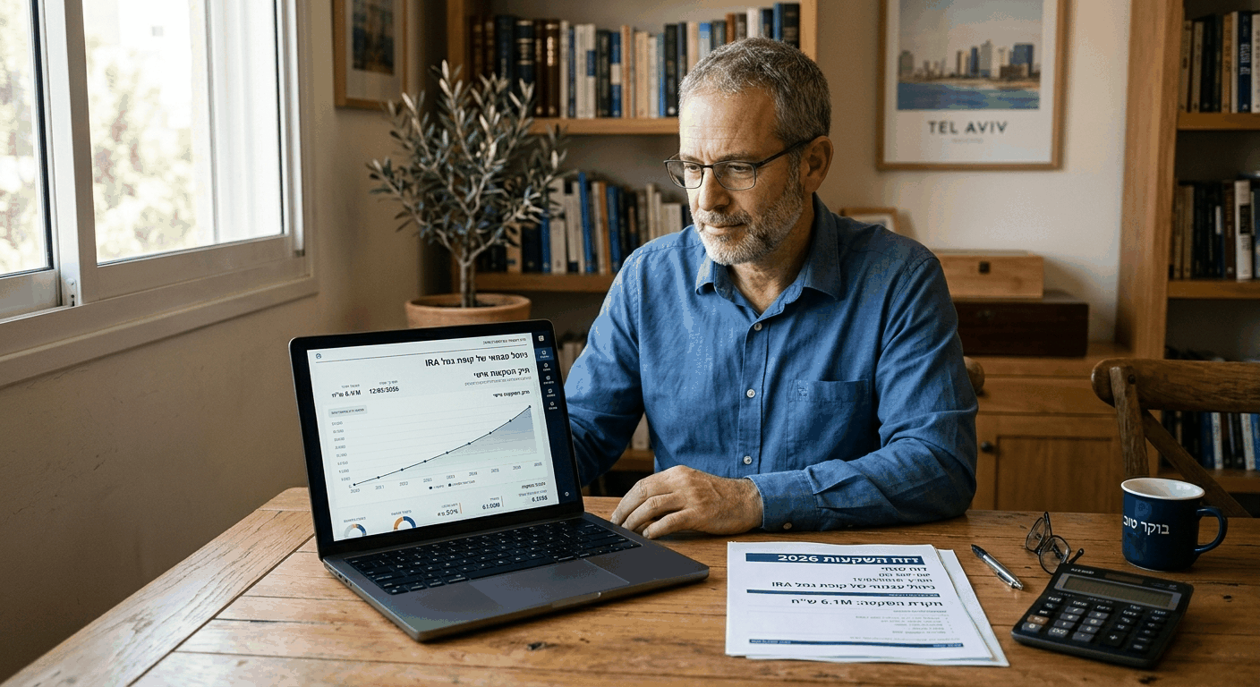 משקיע בוגר ישראלי מנהל קופת גמל IRA בעצמו דרך מחשב נייד, עם דוחות פיננסיים על השולחן ותאורת חלון טבעית.