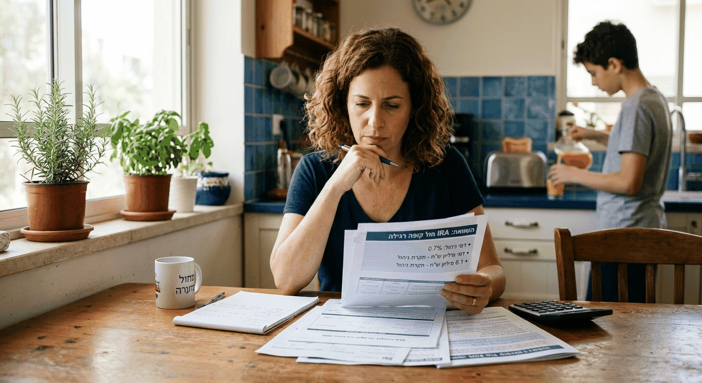 אישה ישראלית צעירה בוחנת מסמכי קופת גמל IRA בשולחן המטבח עם אור בוקר טבעי, מקבלת החלטה השקעתית עצמאית.