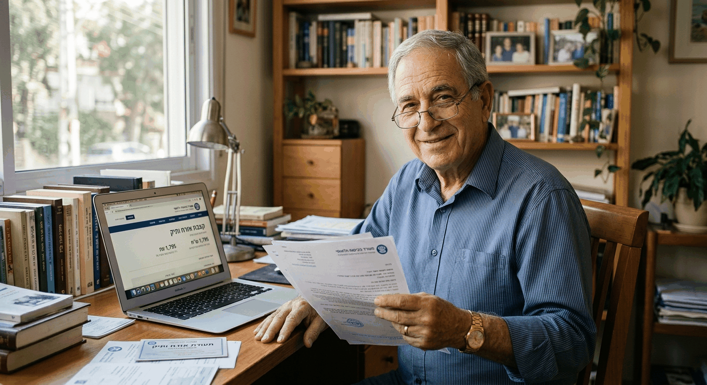 פנסיונר ישראלי בן 70 יושב בביתו ומחזיק מסמכי קצבת אזרח ותיק, צילום editorial בתאורה טבעית