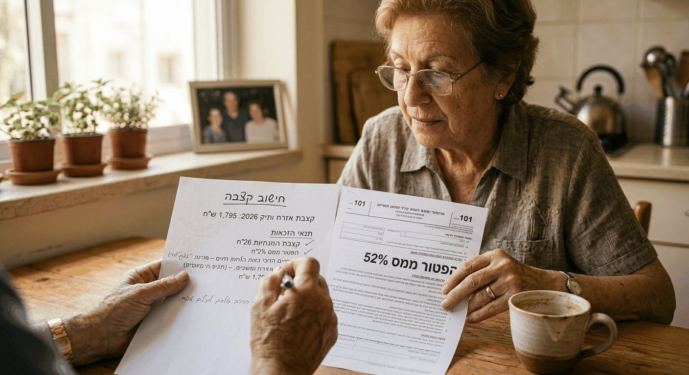 אישה בשנות התשעים עם משקפיים בוחנת טפסי קצבת אזרח ותיק בשולחן המטבח שלה, צילום editorial