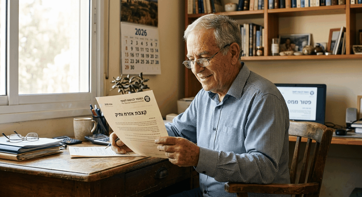פנסיונר בוחן מכתב רשמי על קצבת אזרח ותיק בשנת 2026, יושב משרד ביתי במאור אור טבעי.