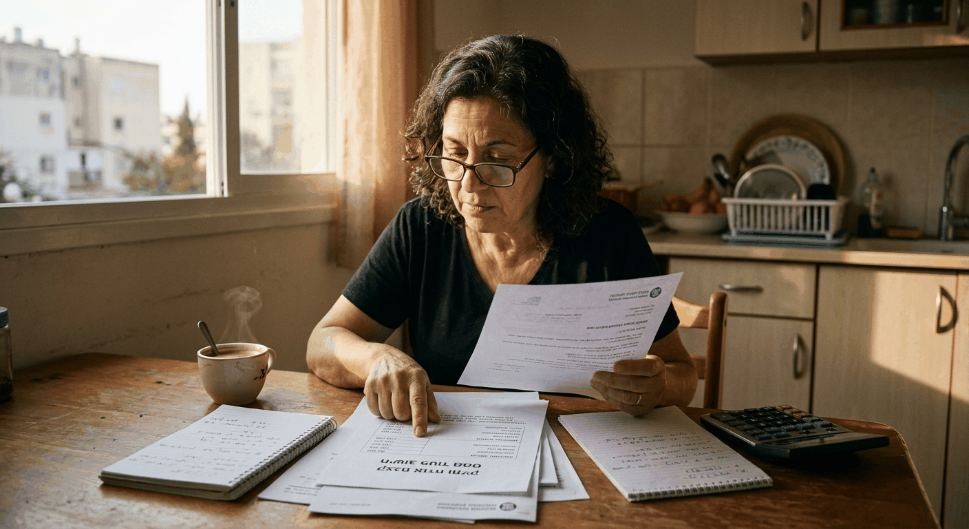 אישה מחשבת פטור ממס על קצבת אזרח ותיק, עם מסמכים על שולחן המטבח בביתה.