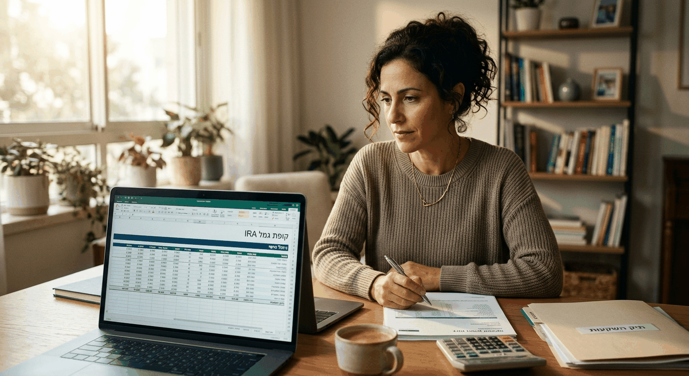 אישה ישראלית בוגרת בוחנת את קופת גמל IRA שלה על מסך לפטופ עם מסמכים פיננסיים בשולחן הבית