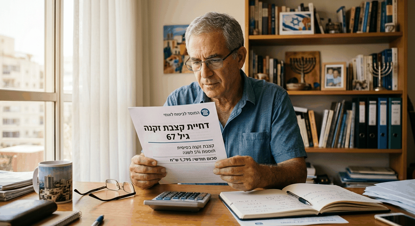 גברי ישראלי בוגר בן 60 מוחקר ממצעי מסמכי ביטוח לאומי בנושא דחיית קצבת זקנה, מחושב תוספות בשולחן עבודה