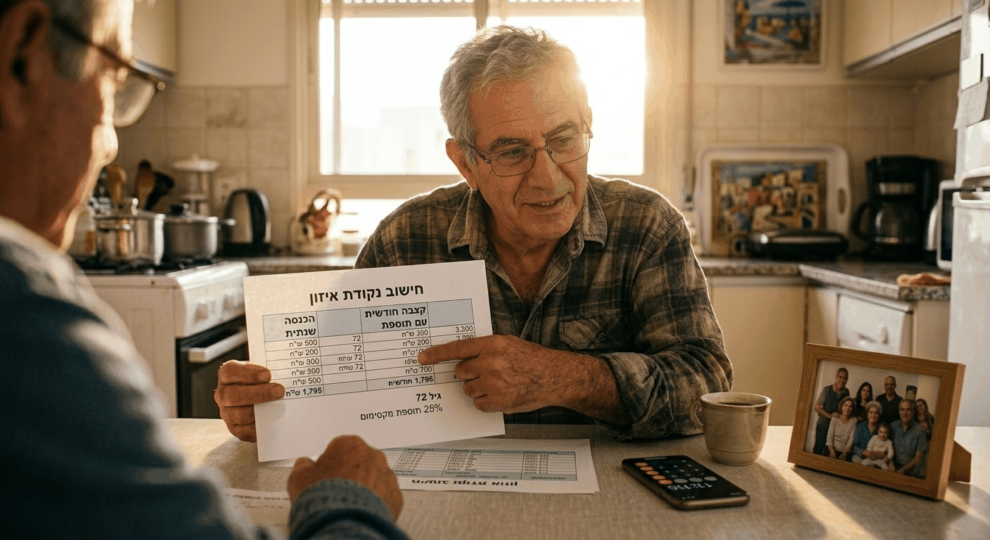גברי ישראלי בוגר מחושב נקודת איזון ותוספת קצבה עתידית על דף חישובים בשולחן המטבח