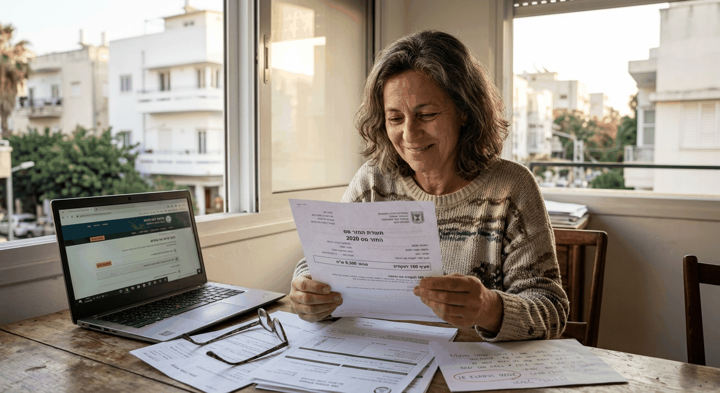 אישה ישראלית בוגרת חוזקת בידיה את תעודת החזר מס 2020 בשמחה, על שולחן בהאר שמש טבעי בדירה בתל אביב