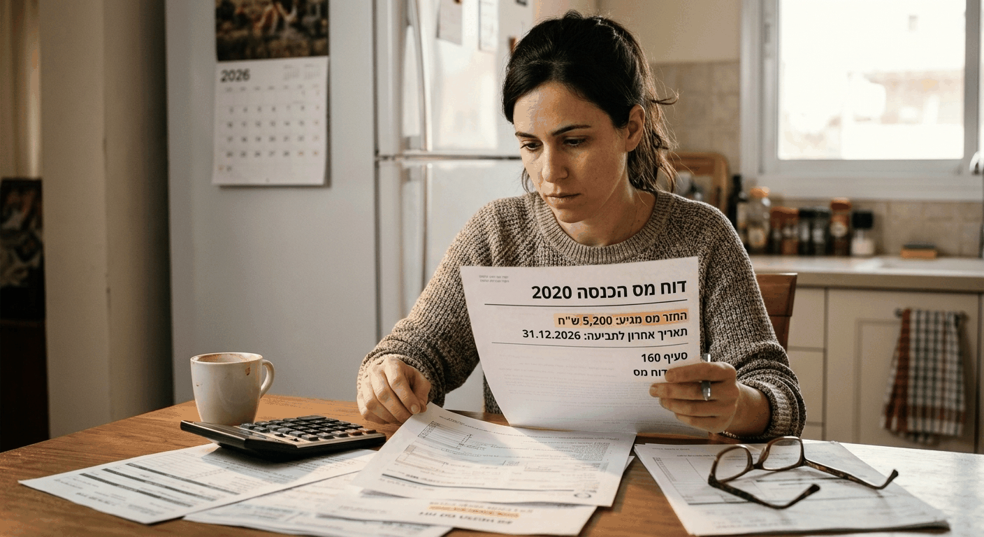 אישה ישראלית צעירה בודקת טפסי מס ודוחות בשולחן המטבח, מול מסמך החזר מס 2020 עם תאריך אחרון 31 בדצמבר 2026