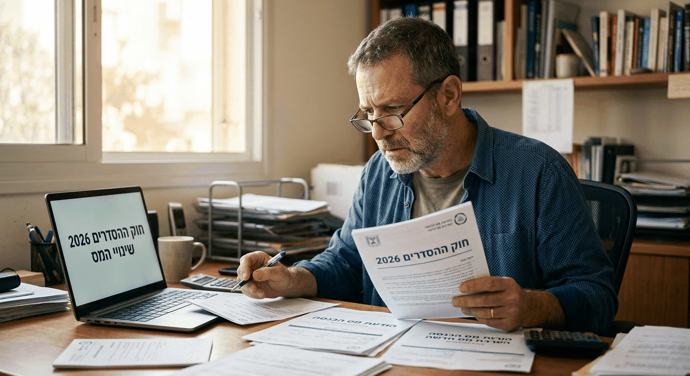 גבר ישראלי בוגר בבית שלו מחזיק את חוק ההסדרים 2026, מול מסמכי מס רשמיים מרשות המסים