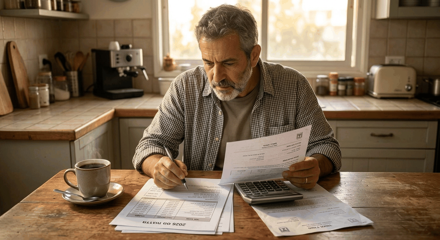 גבר ישראלי ותיק בחישוב מיסים בבית, מחזיק נייר עם פרטי נקודות זיכוי והקפאה מחוק ההסדרים 2026