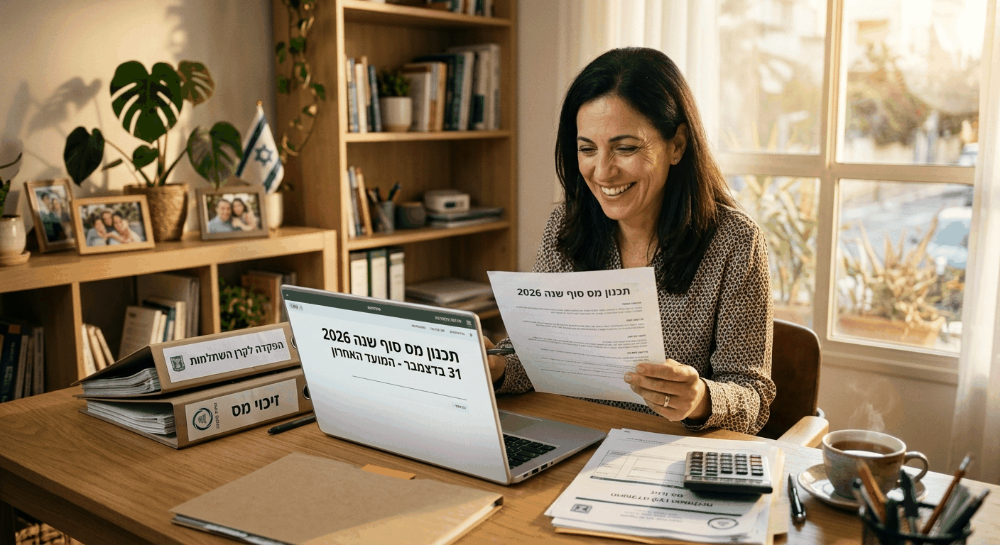 אישה ישראלית בוגרת יושבת במשרדה הביתי עם מסמכי תכנון מס סוף שנה, דיספליי מחשב מציג טקסט עברי בנושא המועד האחרון, חלון בחזקת אור טבעי חם