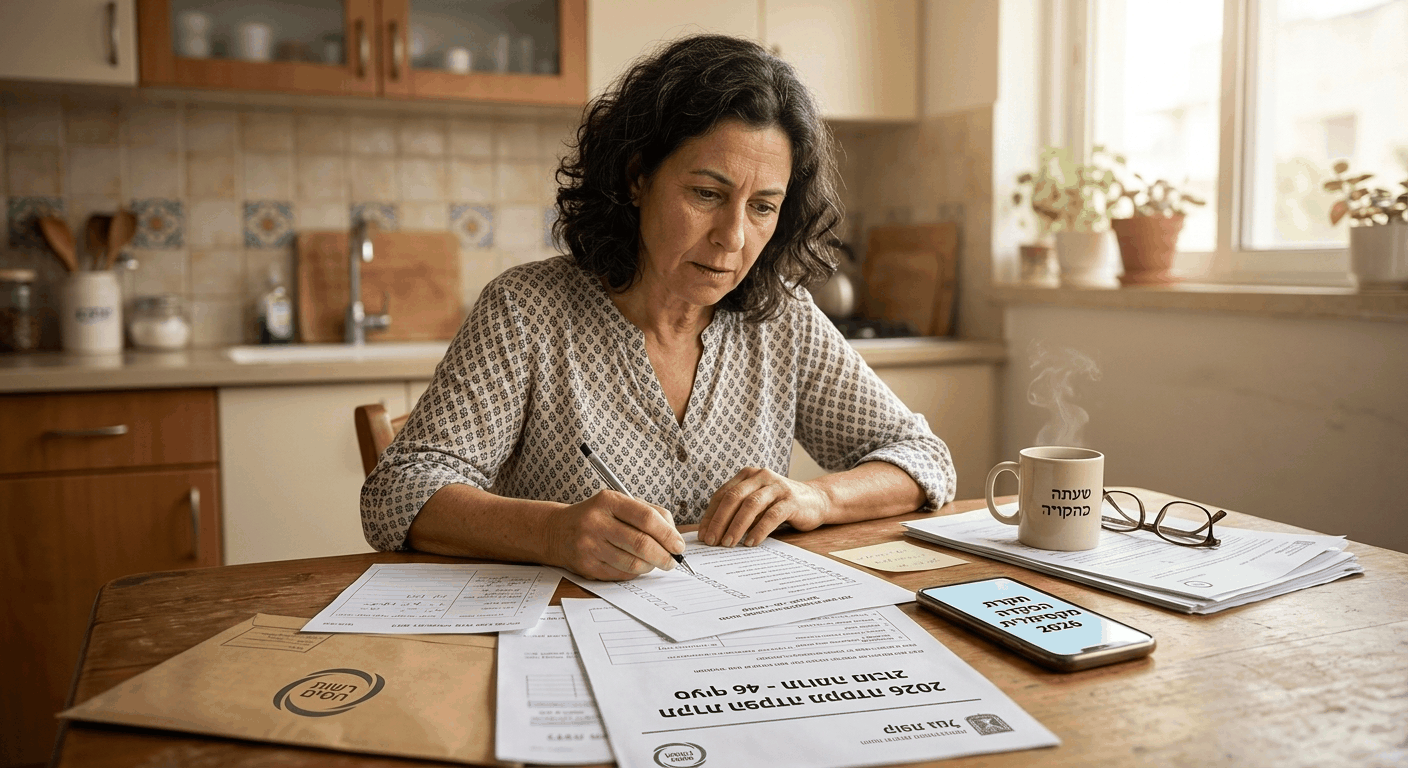 אישה ישראלית ותיקה בודקת מסמכי מס וטפסים בשולחן המטבח, מסך טלפון מציג טקסט בעברית על תקרות הפקדה, אור בוקר טבעי מאיר את הסצנה