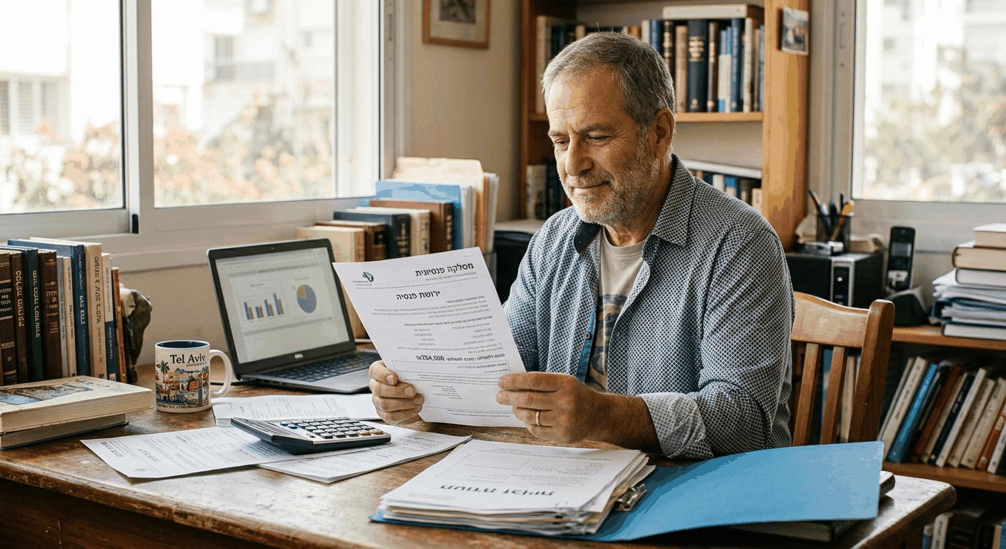 גמלאי ישראלי קורא מסמכי ירושת פנסיה בשולחן עבודה מואר, עם דוקומנטים רשמיים וחישובי מס בחזון.