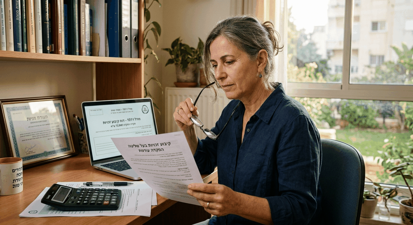 בעלת שליטה ישראלית במשרדה בבית, מחזיקה מסמכים של קיבוע זכויות פנסיה עם טקסט בעברית על מסך המחשב ודוקומנטים על השולחן