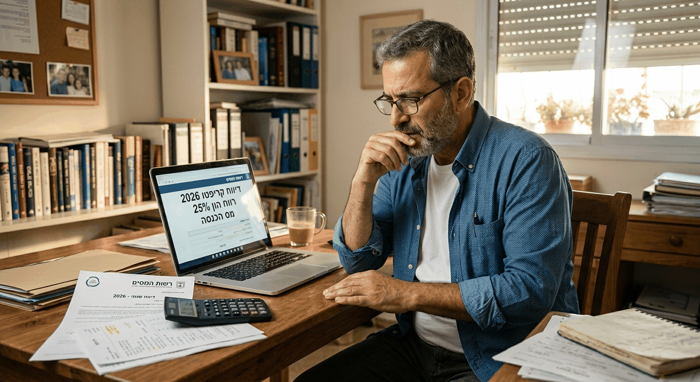 גבר ישראלי בוגר בדיווח קריפטו מול מסך מחשב עם טופסי מס בשנת 2026 בביתו