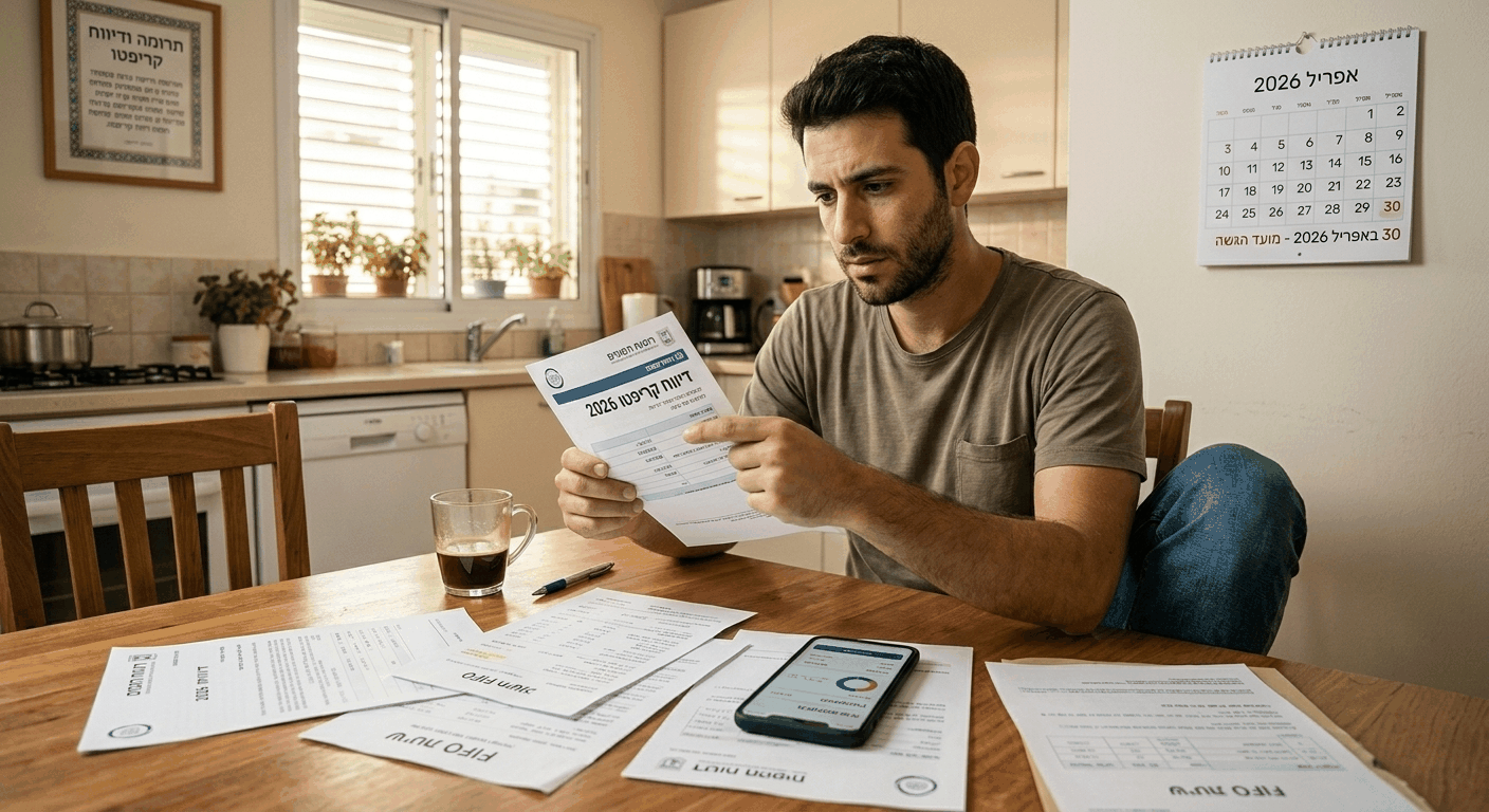 גבר ישראלי צעיר מדווח על דיווח קריפטו עם טפסים וחישובי רווח הון בשולחן המטבח