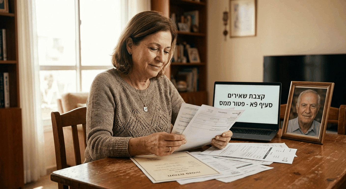 אלמנה ישראלית בוגרת יושבת בשולחן עם מסמכי זכויות אלמנה ותעודת פנסיה, בביטחון וחום טבעי