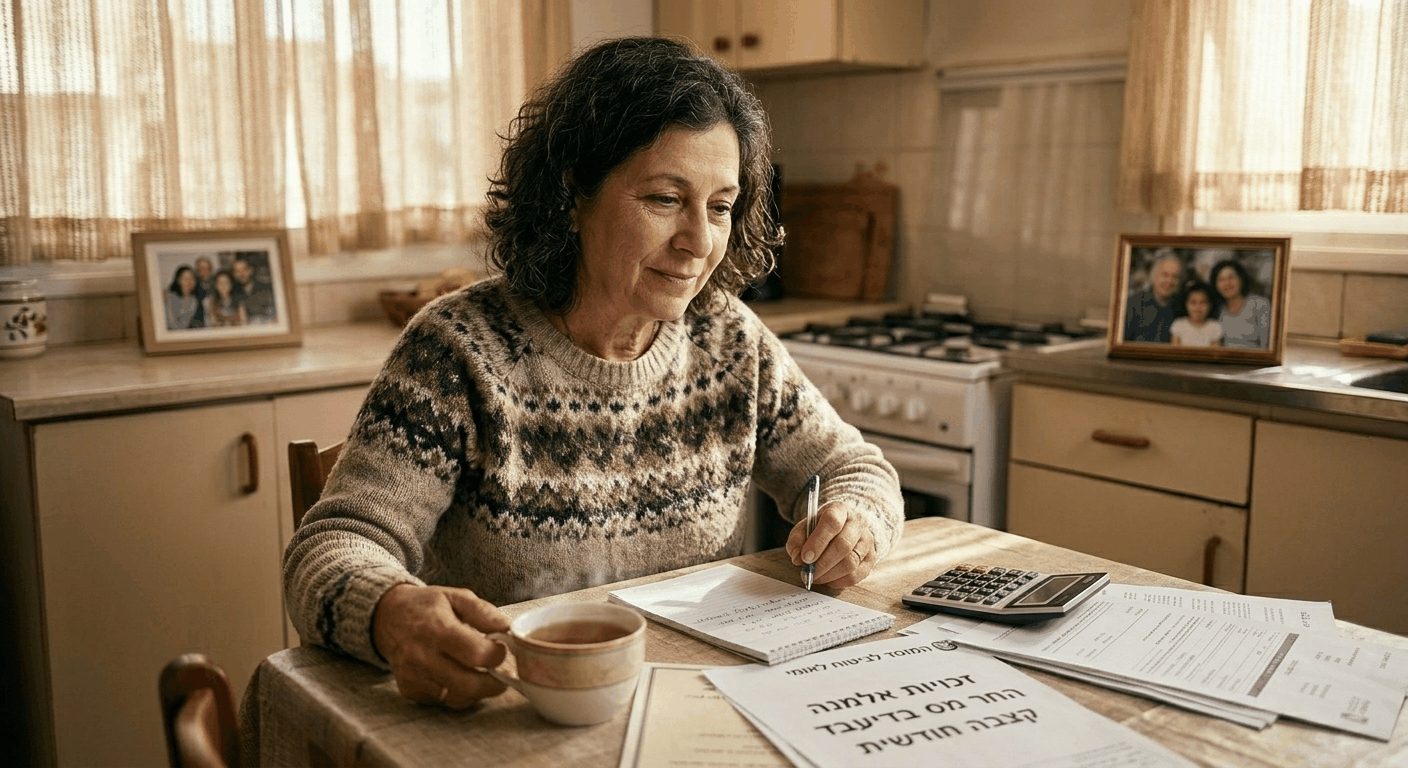 אישה ישראלית בוגרת בישראל קוראת מכתבים על זכויות אלמנה ממשרד הביטוח הלאומי בשולחן המטבח
