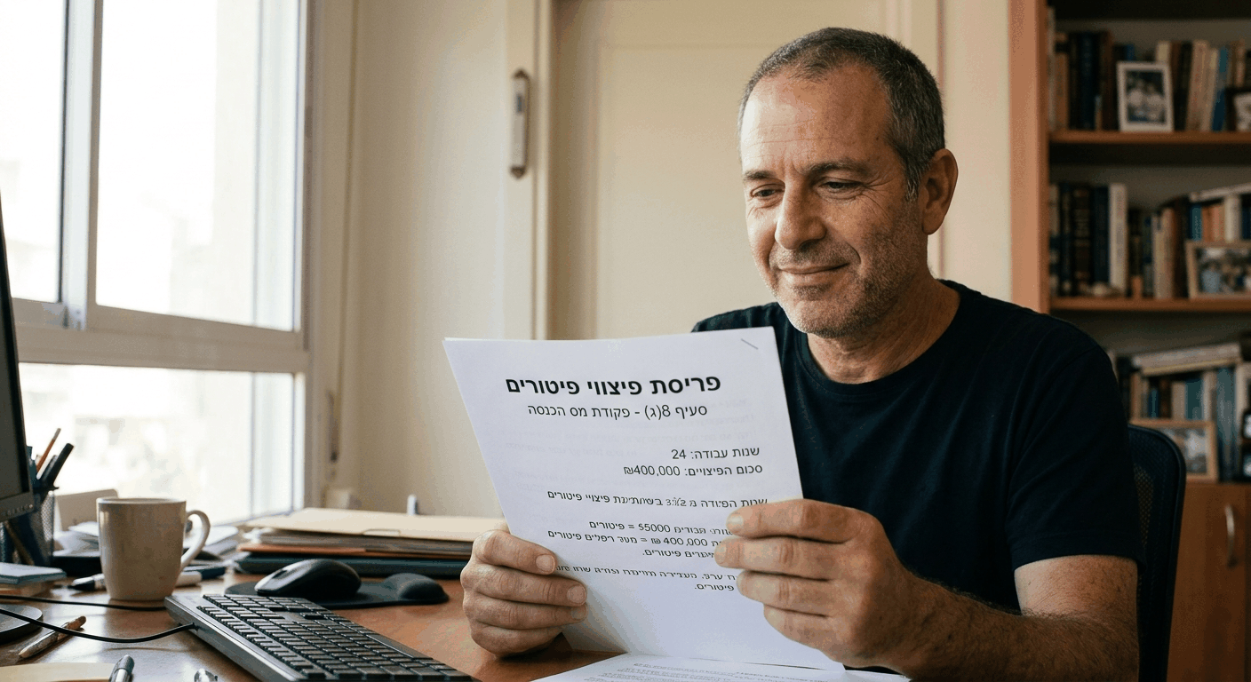 גבר ישראלי בוגר בדירה משקיף בסיפוק על מסמכי פריסת פיצויי פיטורים בידיו, מוקד חלון טבעי חם