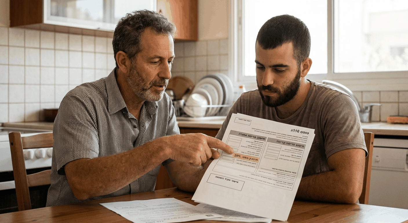 גבר ישראלי וותיק משפחתי בעדכון דרכים לחישוב פריסת פיצויי פיטורים עם בנו, טפסים וחישובים על שולחן המטבח