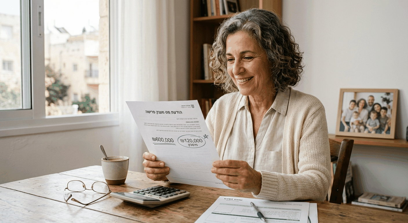 אישה ישראלית בוגרת מחזיקה בחישוב מס מענק פרישה עם ניסיון בחיסכון כספי ניכר.