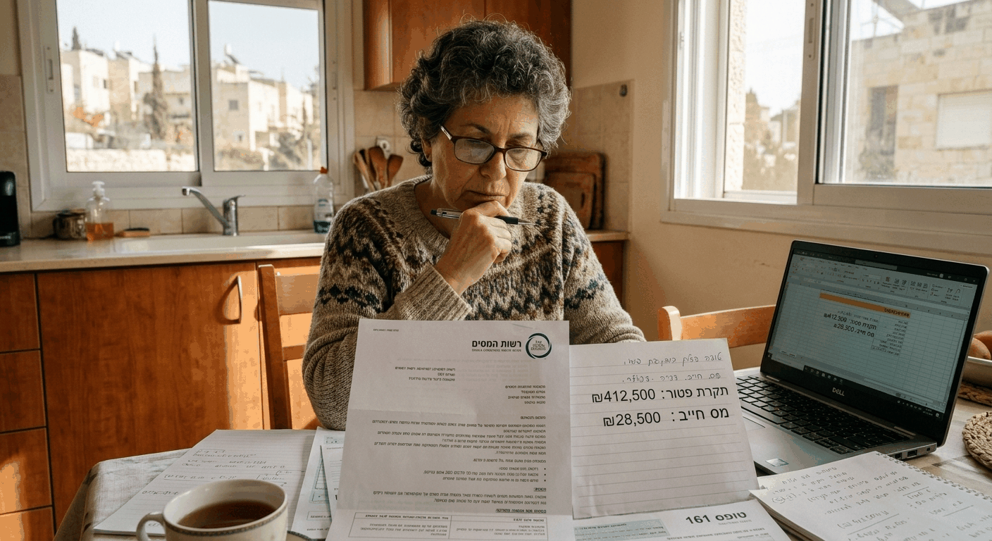 גמלאית ישראלית משקלת מסמכים של מס מענק פרישה ותקרת הפטור החייבת בחישוב.