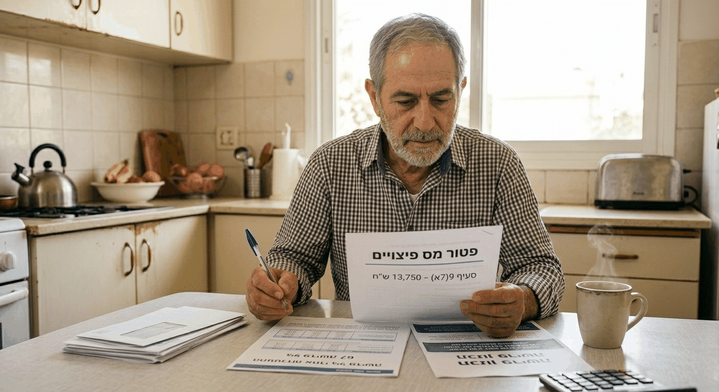 גבר ישראלי ותיק בחדר המטבח משקול טפסי פיצויים וחישובי מס בהקשר להתפטרות גיל פרישה, סימן לתכנון פיננסי מקצועי של פיצויי התפטרות.