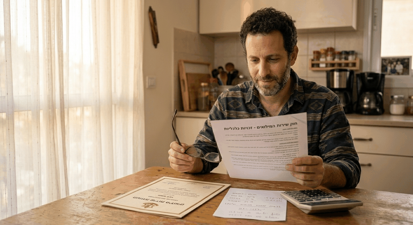 גבר ישראלי בוגר בישיבה במטבח ביתי בוחן טפסי זכויות מילואים וחוקים של משכנתא הפוכה, עם אור בוקר חם מחלונות.